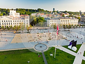 Aerial view of newly renovated Lukiskes square, Vilnius. Sunset landscape of UNESCO-inscribed Old Town of Vilnius, Lithuania