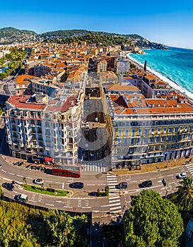 Aerial view of Nice, the capital of the Alpes-Maritimes department on the French Riviera