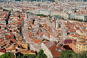 Aerial view of the Nice downtown cityscape from Castle Hill