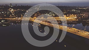 Aerial view of night city Kyiv, Ukraine, with car traffic.