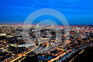 Aerial view night cityscape of London