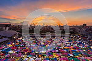 Aerial view of night market with beautiful sky after sunset