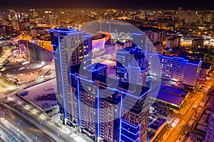 Aerial view of the night modern city. Bright lights of the night streets. Ekaterinburg. Russia