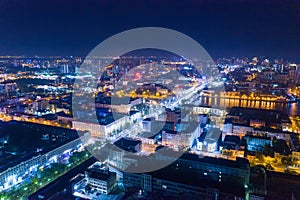 Aerial view of the night modern city. Bright lights of the night streets. Ekaterinburg. Russia