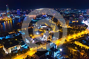 Aerial view of the night modern city. Bright lights of the night streets. Ekaterinburg. Russia