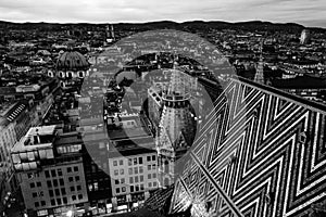Aerial view of the night Vienna, Austria with illuminated buildings and Stephansdom cathedral. Black and white