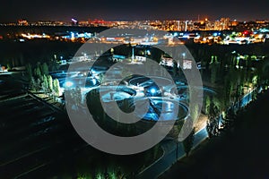 Aerial view at night wastewater treatment plant, filtration of dirty or sewage water