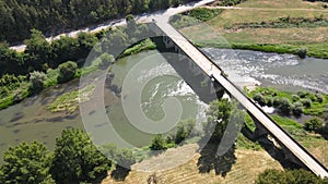 Aerial view of Nineteenth-century bridge over the Yantra River, known as the Kolyu Ficheto Bridge in Byala, Bulgaria