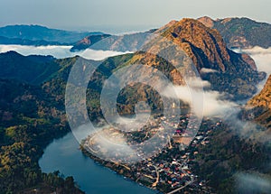 Aerial view of Nong Khiaw village at sunrise, Luang Prabang, Laos