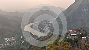 Aerial view of Nong Khiaw village at sunrise, Laotian, Luang Prabang, Laos