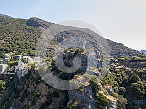Aerial view of Nonza and tower on a cliff overlooking the sea. Corsica. Coastline. France