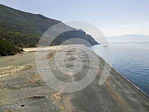 Aerial view of Nonza and tower on a cliff overlooking the sea. Corsica. Coastline. France