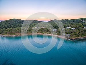 An aerial view of Noosa National Park at sunset in Queensland Australia