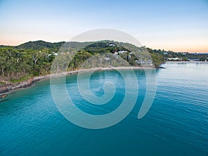 An aerial view of Noosa National Park at sunset in Queensland Australia