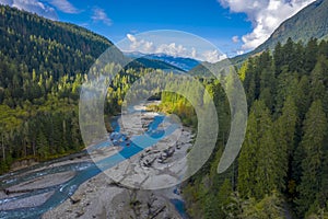 Aerial View of the Noosack River During the Colorful Autumn Season.