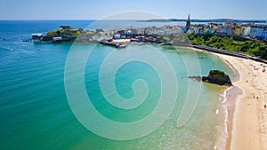 Aerial view of North Beach and the harbor of Tenby, Wales