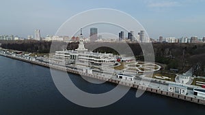 Aerial view of North River Port or Rechnoy Vokzal in Moscow, early fall morning, city park architercture