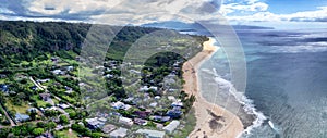 Aerial view of the north shore of Oahu, Hawaii, overlooking Ehukai Beach