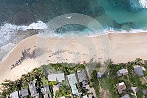 Aerial view of the north shore of Oahu, Hawaii, overlooking Ehukai Beach