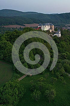 Aerial view of northern pathway towards Slovenska Lupca castle, Banska Bystrica region, central Slovakia