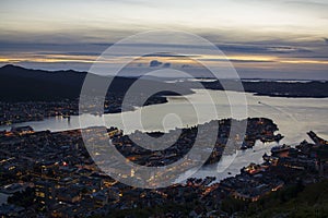 Aerial view of Northern sea and Bergen city at night