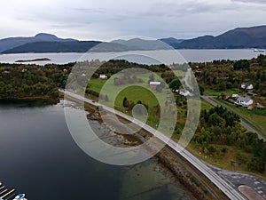 Aerial view Norway village near fjord