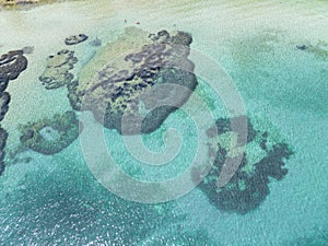 Aerial view of Notos Beach, Corfu Island. Greece. Bathers in the water