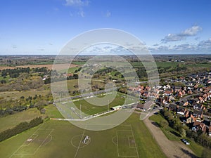 An aerial view of Nottcutts Park, home of Woodbridge Town Football Club in Suffolk