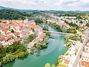 Aerial view of Novo Mesto previously Rudolfswerth, Newestat, Slovenia, Lower Carniola region, near Croatia.