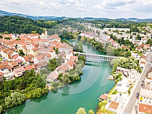 Aerial view of Novo Mesto previously Rudolfswerth, Newestat, Slovenia, Lower Carniola region, near Croatia. photo
