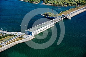 Aerial view of the Novosibirsk HPP on Ob River, Russia