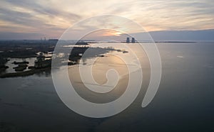 Aerial view of a nuclear powerplant in the city of Energodar, Ukraine. Winter landscape