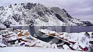 Aerial view of Nusfjord fishing town at Lofoten islands, Norway