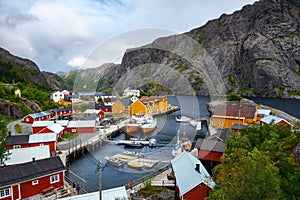 Aerial view of Nusfjord fishing village on Lofoten islands, Norway