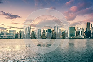 An aerial view of NYC skyline. Skyscrapers of midtown in Manhattan along East river