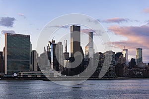 An aerial view of NYC skyline. Skyscrapers of midtown in Manhattan along East river