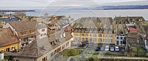 Aerial view of Nyon and Geneva Leman lake, Switzerland