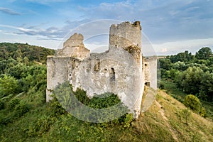 Aerial view oÐ° Sydoriv castle ruins in a rural countryside on Sydoriv village, Ternopil region, Ukraine