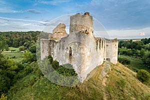 Aerial view oÐ° Sydoriv castle ruins in a rural countryside on Sydoriv village, Ternopil region, Ukraine