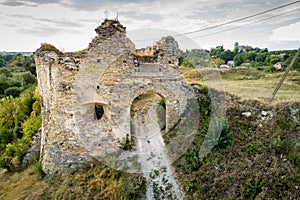 Aerial view oÐ° Sydoriv castle ruins in a rural countryside on Sydoriv village, Ternopil region, Ukraine