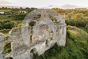 Aerial view oÐ° Sydoriv castle ruins in a rural countryside on Sydoriv village, Ternopil region, Ukraine