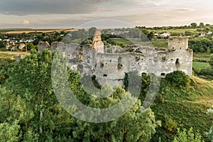 Aerial view oÐ° Sydoriv castle ruins in a rural countryside on Sydoriv village, Ternopil region, Ukraine