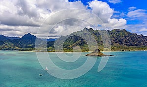 Aerial view Oahu`s coastline and Mokoliâ€™i Island in Hawaii