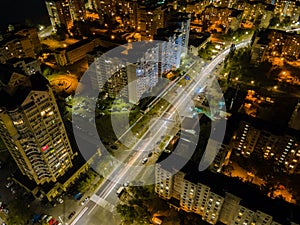 Aerial view of the Obolon district in Kiev at night