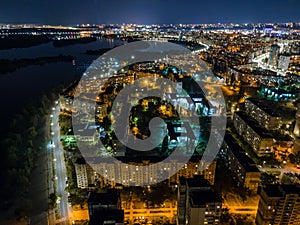 Aerial view of the Obolon district in Kiev at night