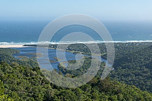 Aerial view of ocean and lagoon in Natures Valley, South Africa