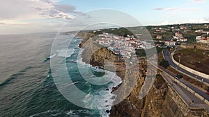 Aerial view of ocean near Azenhas do Mar, Portugal seaside town.