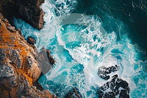 Aerial View of the Ocean and Rocks, Aerial capture of waves crashing against a rocky coastline, AI Generated