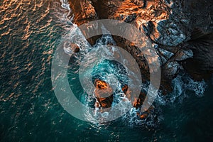 Aerial View of the Ocean and Rocks, An aerial perspective of a rocky shoreline at sunset, AI Generated