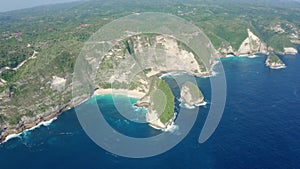 Aerial view at ocean and rocks on Kelingking beach, Nusa Penida, Bali, Indonesia